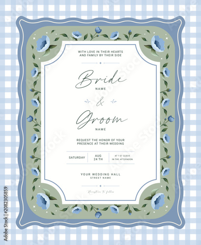 Cute blue and green wedding invitation card template, vintage floral frame decoration, rustic cottagecore style design