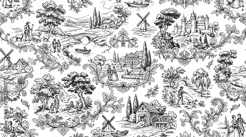 Toile de Jouy seamless pattern with pastoral landscape scenes featuring windmills castles and rural life vector illustration