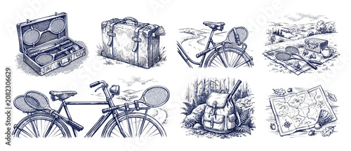 Vintage hiking picnic sketch set with retro bike badminton suitcase and map. Hand drawn engraving style collection of active outdoor leisure lifestyle elements, adventures, and woodcut illustrations.