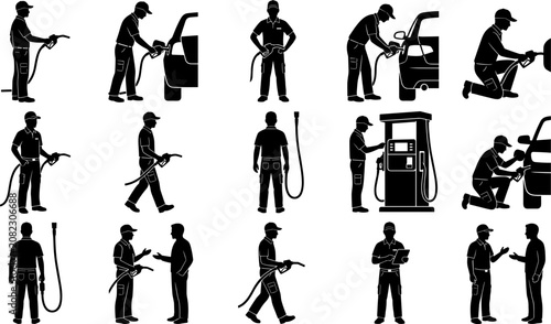 Bild auf Leinwand Gas Station Attendant and Fueling Silhouette Set with Workers Refueling Cars, Ho