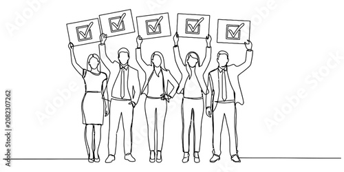 Quadro su tela Group of business people standing and holding up signs with check marks isolated
