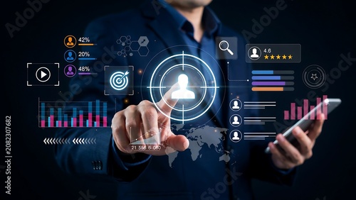 Businessman interacting with customer data analytics, CRM and target audience concept.
