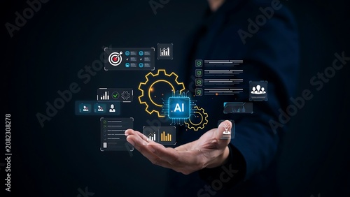 Business executive presenting artificial intelligence model with interconnected workflow icons now.