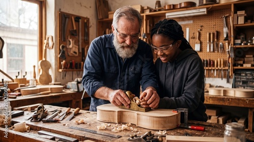 Older father and diverse teenage child sharing a proud moment using a hand plane on a string instrument in a rustic luthier workshop.