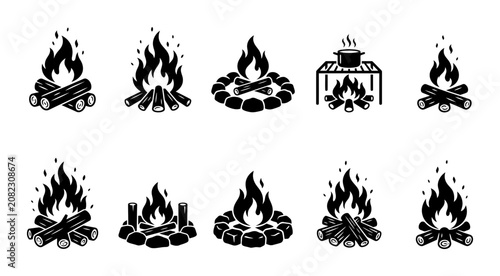 Campfire Silhouette Icon Set Featuring Ten Different Burning Wood Fireplace Designs For Outdoor Camping Hiking Survival And Adventure Vector Graphics