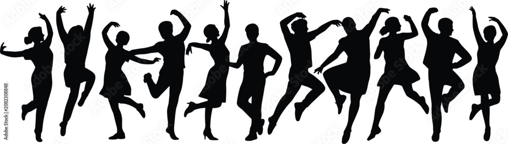 Fototapeta premium Black silhouette of diverse people in various poses people silhouettes diverse figures standing pose