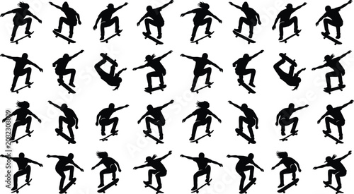 Foto Black silhouettes of skateboarder doing tricks