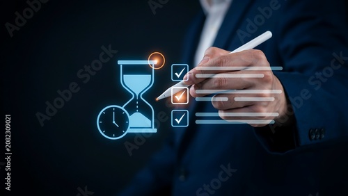 Man checking off tasks on checklist with hourglass and clock symbolizing time management and productivity.