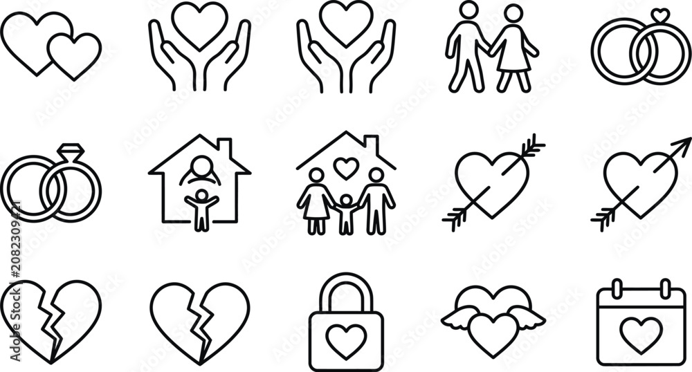 Fototapeta premium Black line icons of love and relationships