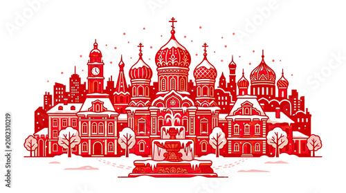 Foto Red Russian Cityscape with Onion Domes and Snowfall