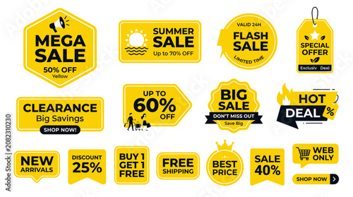 Fotografie Yellow Sale Tags & Labels Collection: Mega Sale, Flash Sale, Discounts, Offers