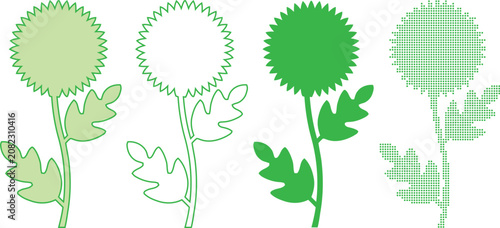 Dotted vector set of green flowers and leaves in various styles