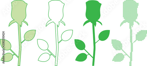 Green rose dotted vector set floral illustrations for design botanical graphics and modern art projects