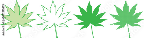 Dotted vector set of cannabis leaves in various styles and colors