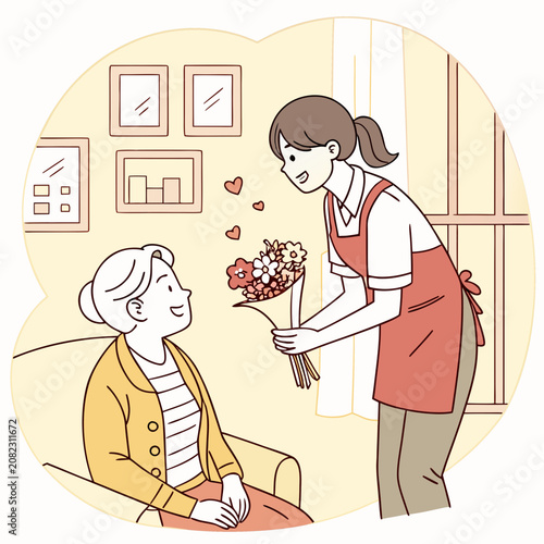 Caregiver presenting flowers to elderly woman in living room with caregiver kindness happiness
