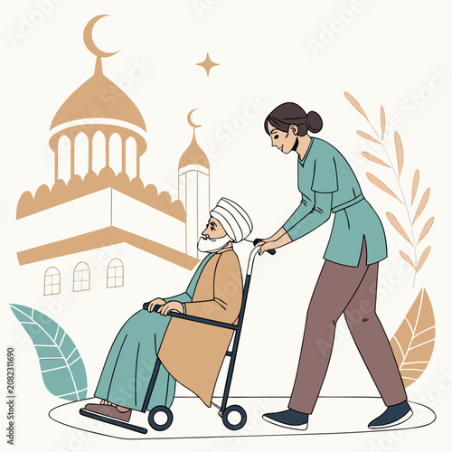Caregiver pushing elderly man in wheelchair near mosque with caregiver wheelchair assistance