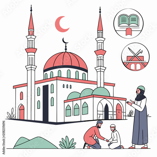 Muslim prayer and religious study at mosque illustration with religion spiritual scripture