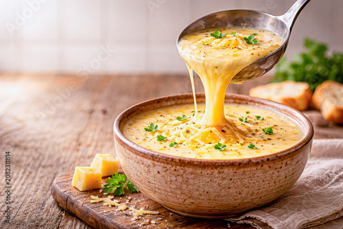 Creamy cheese soup with melted cheese pull in a rustic ceramic bowl on a wooden table, copy space.
