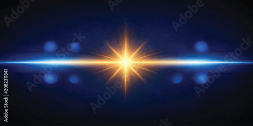 Foto Golden star flare with blue bokeh accents on dark blue background abstract radia