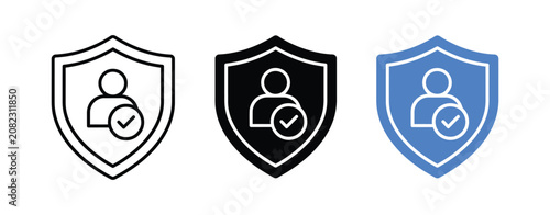 Shield icon set with person profile for verified user protection