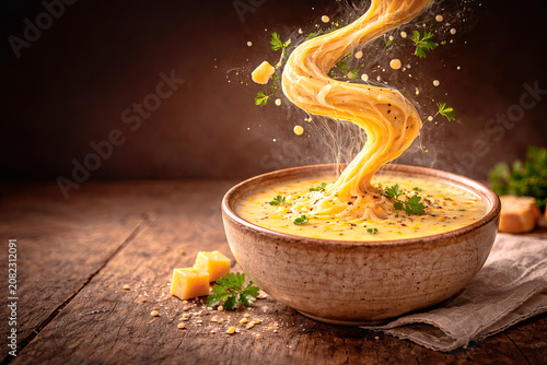 Creamy cheese soup with melted cheese pull in a rustic ceramic bowl on a wooden table, copy space.
