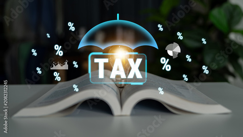 Foto Conceptual Illustration of Tax Planning with Book, Light, and Percentage Symbols in Background Representing Financial Knowledge and Protection