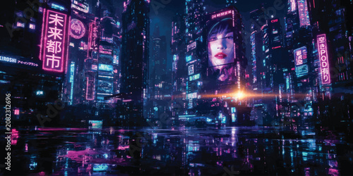 Cyberpunk neon city street at night with holographic advertisements high tech cyberpunk futuristic hologram technology advertising portrait reflection metropolis buildings architecture