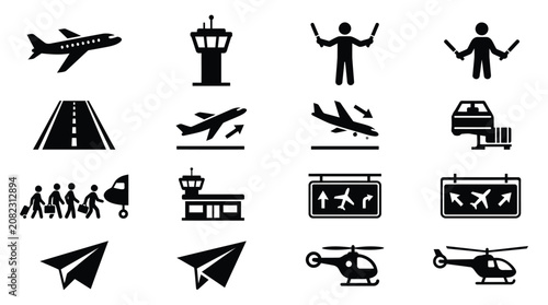 Fotografie Airport Pictograms And Aviation Symbols In Black Silhouette