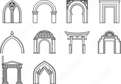 Tableau sur toile Collection of architectural archways in a modern flat line style with diverse cu