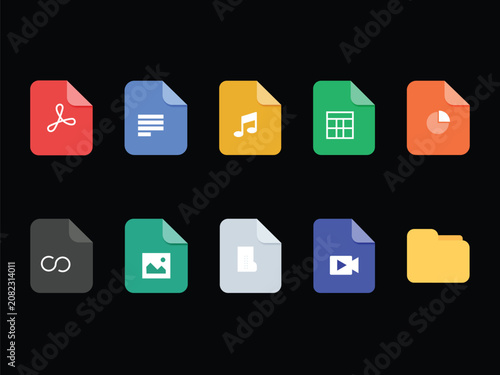 Collection of colorful flat document and folder icons on a Grainy black background document icon file icon