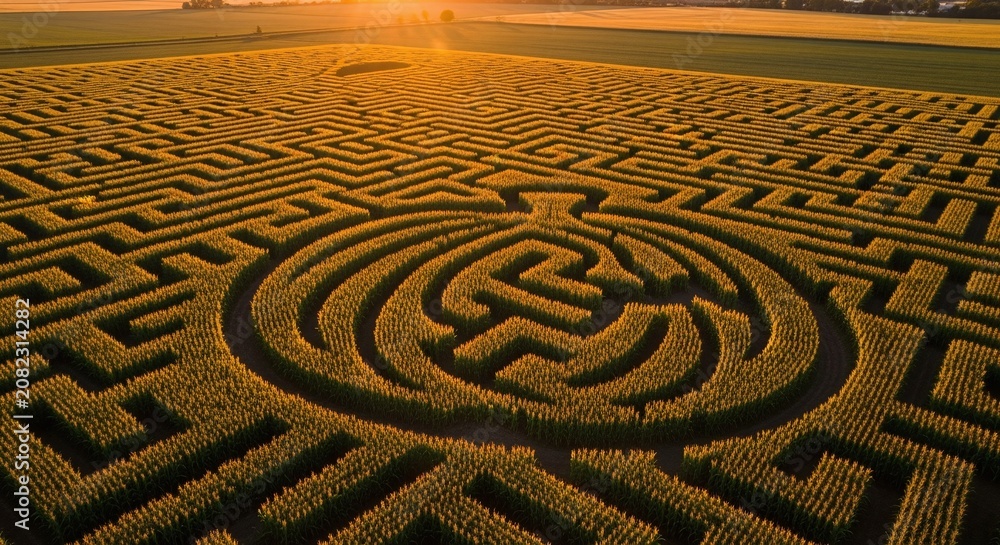 Obraz premium Golden sun illuminates a vast corn maze with intricate pathways and a central design.