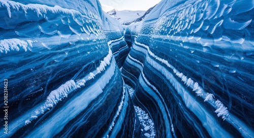 Abstract patterns of deep blue ice cracks with frosty textures in a frozen landscape