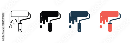 Obraz na płótnie Paint roller icons featuring bold black outlines, vibrant flat colors, decorating tools, home renovation, and clean minimalist vector graphics for branding and design