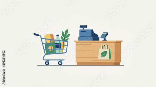Cuadro en lienzo Minimalist illustration of grocery shopping with eco-bag at checkout