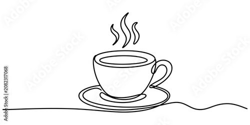 Konstfotografi Continuous single line drawing of a hot cup of coffee with steam on a saucer Vec