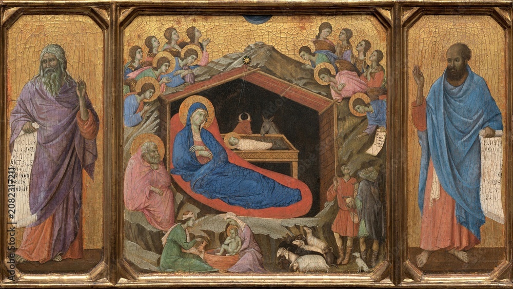Obraz premium Ancient religious triptych painting depicting the nativity scene with biblical figures.