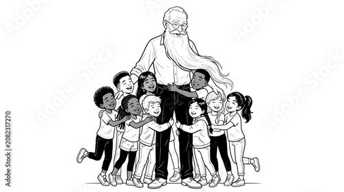 Obraz na plátne Black and white line art illustration of a diverse group of children hugging an