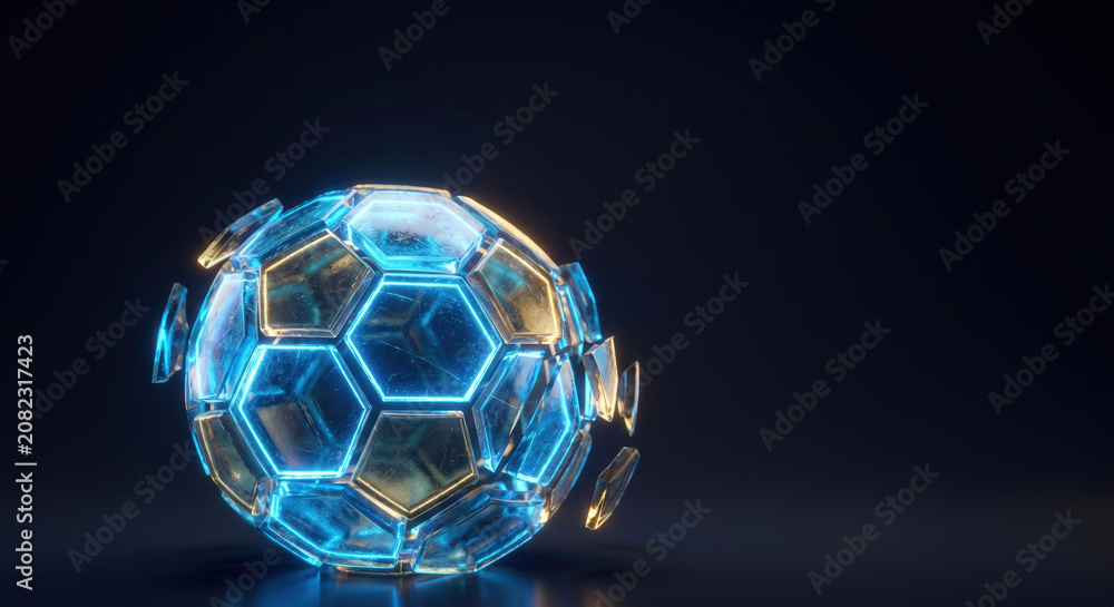 Naklejka premium Abstract Neon Glowing Soccer Ball in Dark Studio Copy Space