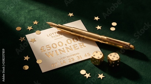 Gold fountain pen resting on a winning lottery ticket with diamond dice. Deep green velvet background with confetti.
