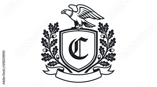 Regal eagle heraldic shield with oak leaves letter C.