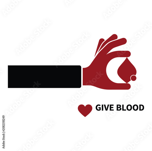 Red hand holding blood drop icon with give blood text and red heart for medical campaigns.