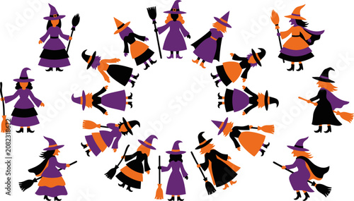 Obraz na plátně Halloween witch illustration, flat vector graphic, cute witches, purple dresses,