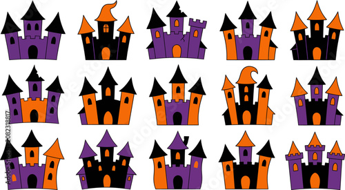 Εκτύπωση καμβά Collection of fifteen cute cartoon haunted castle illustrations for Halloween featuring spooky black purple and orange fantasy mansions isolated on a white background design