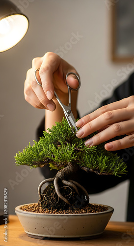 Person trimming bonsai tree with small scissors
