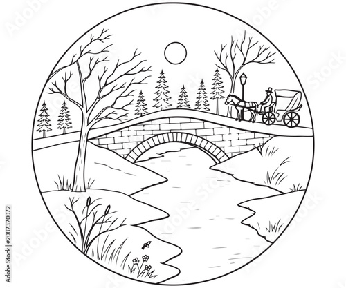 Принти на полотні Vintage Horse Carriage Crossing a Stone Bridge in a Circular Landscape - Line Ar