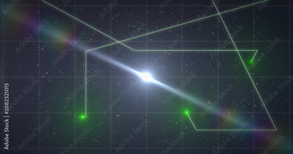 Fototapeta premium Bright white core emitting prism streak, green nodes entering from top, forming angled cage marking