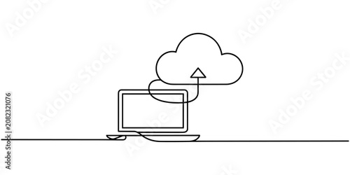 Foto Continuous Line Drawing of Laptop Cloud Upload Illustration