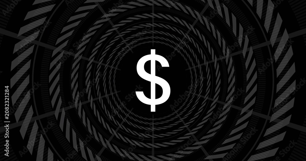Fototapeta premium Frame4 pulse sending dollar sign contracting, snapping back while rings rotating, forming tunnel