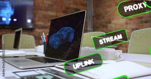 Tableau sur toile From frame five neon green HUD labels sliding left, rotating, passing laptop, sh