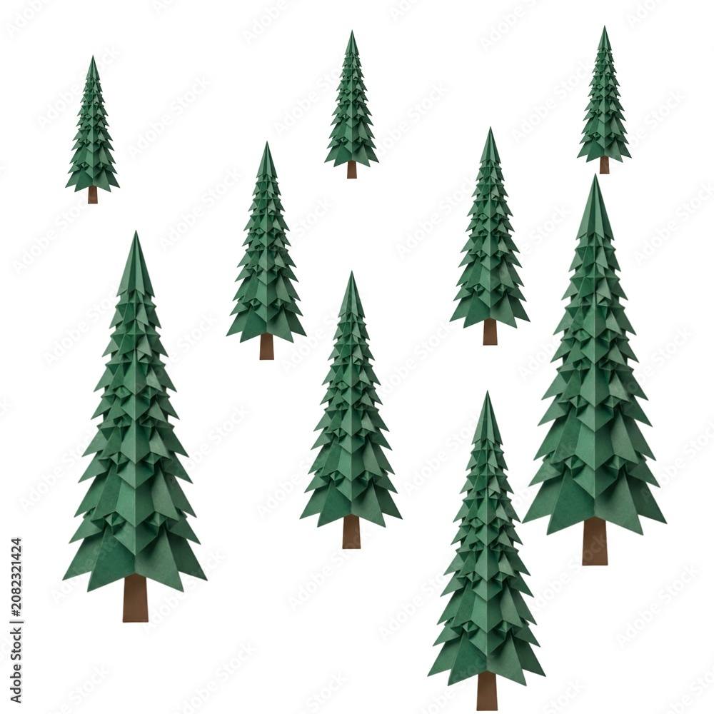 Obraz premium Low Poly Green Pine Trees Collection Isolated on White Background